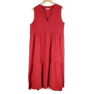 Bellambra Italy Red Linen Split Neck Sleeveless Tiered Maxi Dress M Boho Peasant